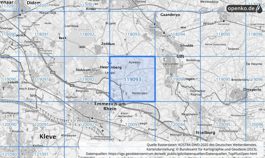 Übersichtskarte des KOSTRA-DWD-2020-Rasterfeldes Nr. 119093