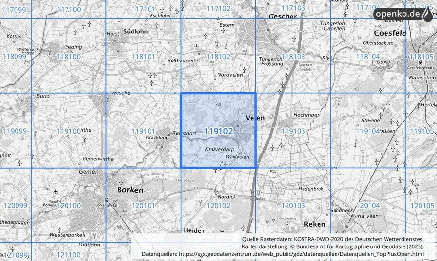 Übersichtskarte des KOSTRA-DWD-2020-Rasterfeldes Nr. 119102