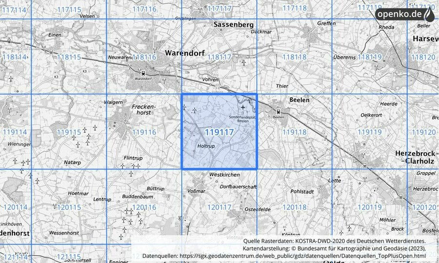 Übersichtskarte des KOSTRA-DWD-2020-Rasterfeldes Nr. 119117