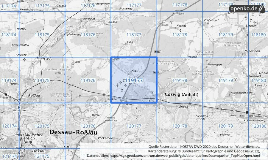 Übersichtskarte des KOSTRA-DWD-2020-Rasterfeldes Nr. 119177
