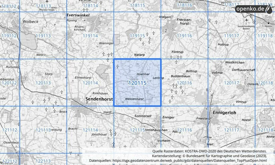 Übersichtskarte des KOSTRA-DWD-2020-Rasterfeldes Nr. 120115