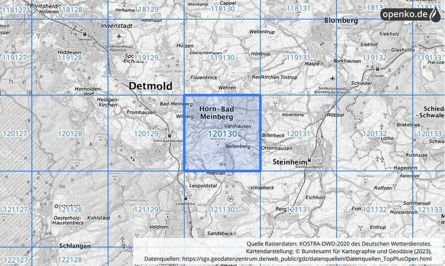 Übersichtskarte des KOSTRA-DWD-2020-Rasterfeldes Nr. 120130