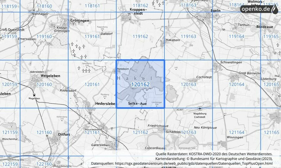 Übersichtskarte des KOSTRA-DWD-2020-Rasterfeldes Nr. 120162