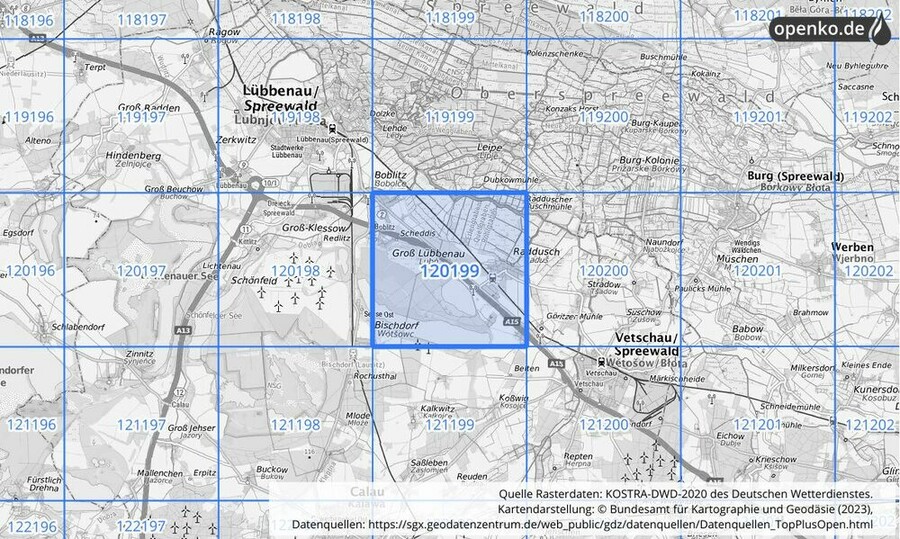 Übersichtskarte des KOSTRA-DWD-2020-Rasterfeldes Nr. 120199