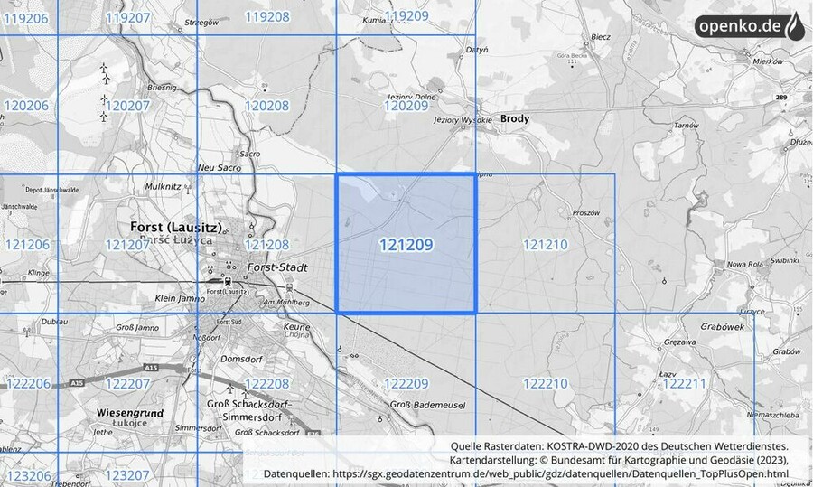 Übersichtskarte des KOSTRA-DWD-2020-Rasterfeldes Nr. 121209 Übersichtskarte des KOSTRA-DWD-2020-Rasterfeldes Nr. 121209
