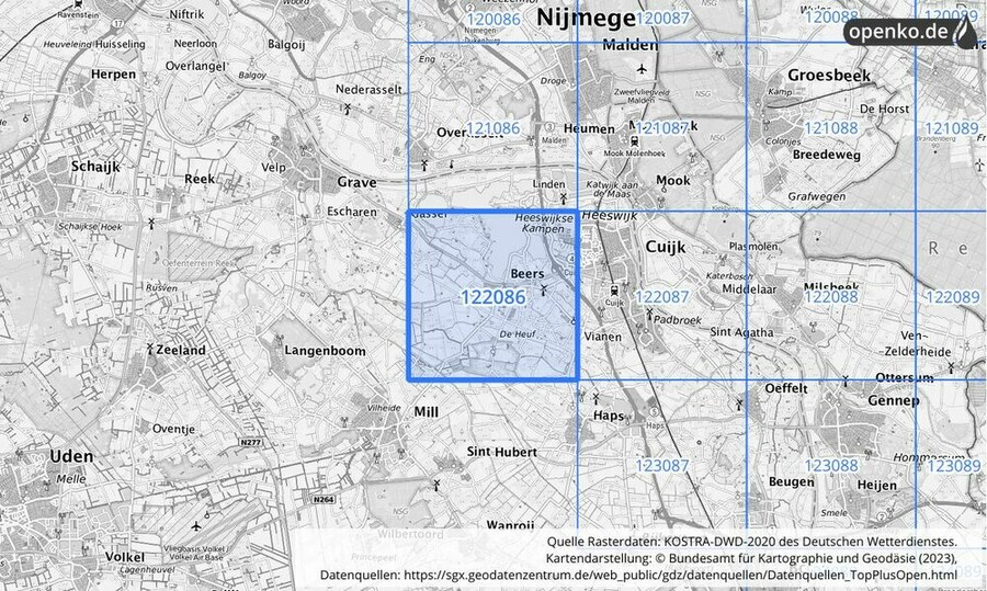 Übersichtskarte des KOSTRA-DWD-2020-Rasterfeldes Nr. 122086