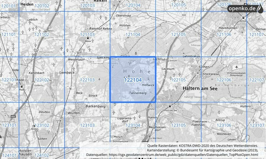 Übersichtskarte des KOSTRA-DWD-2020-Rasterfeldes Nr. 122104