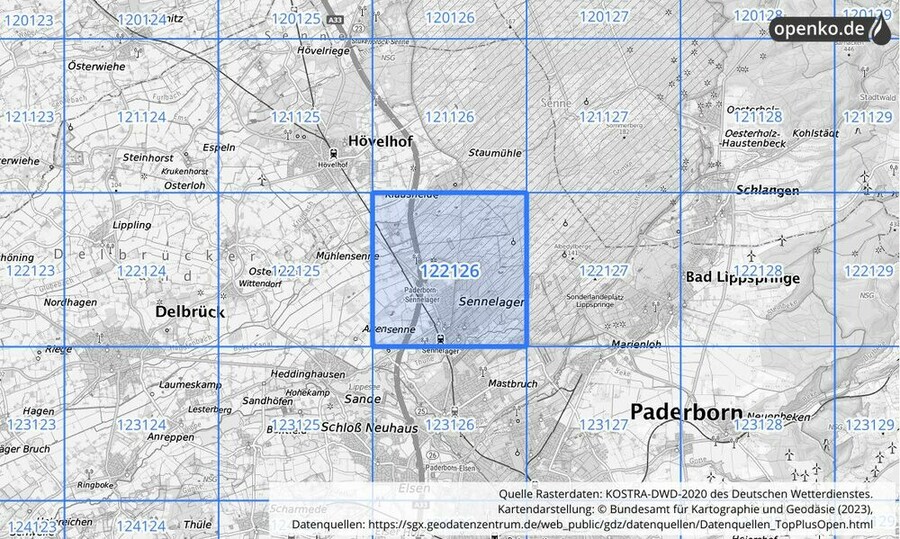 Übersichtskarte des KOSTRA-DWD-2020-Rasterfeldes Nr. 122126 Übersichtskarte des KOSTRA-DWD-2020-Rasterfeldes Nr. 122126