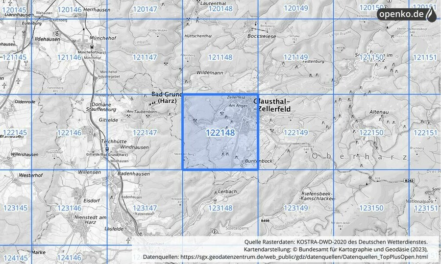 Übersichtskarte des KOSTRA-DWD-2020-Rasterfeldes Nr. 122148 Übersichtskarte des KOSTRA-DWD-2020-Rasterfeldes Nr. 122148
