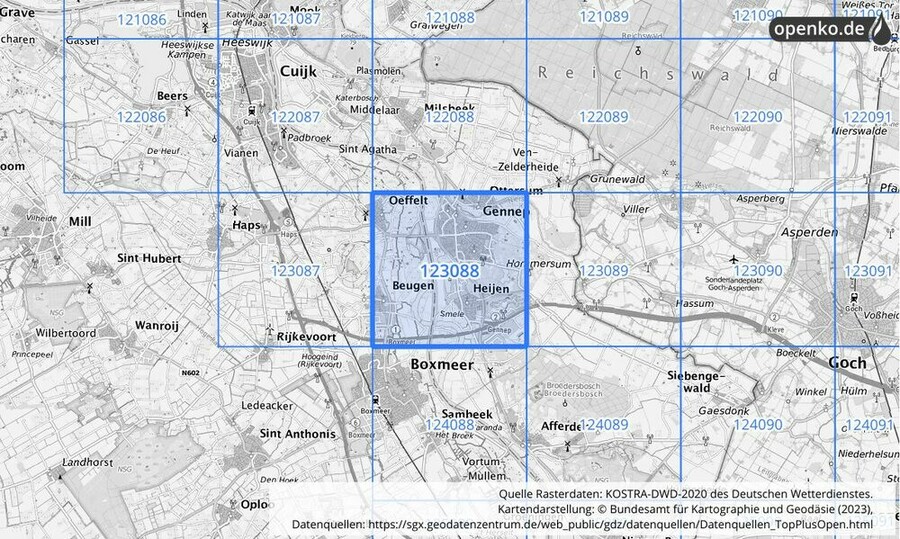 Übersichtskarte des KOSTRA-DWD-2020-Rasterfeldes Nr. 123088