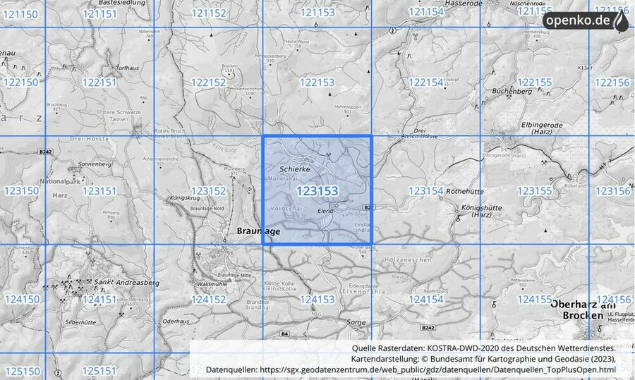 Übersichtskarte des KOSTRA-DWD-2020-Rasterfeldes Nr. 123153