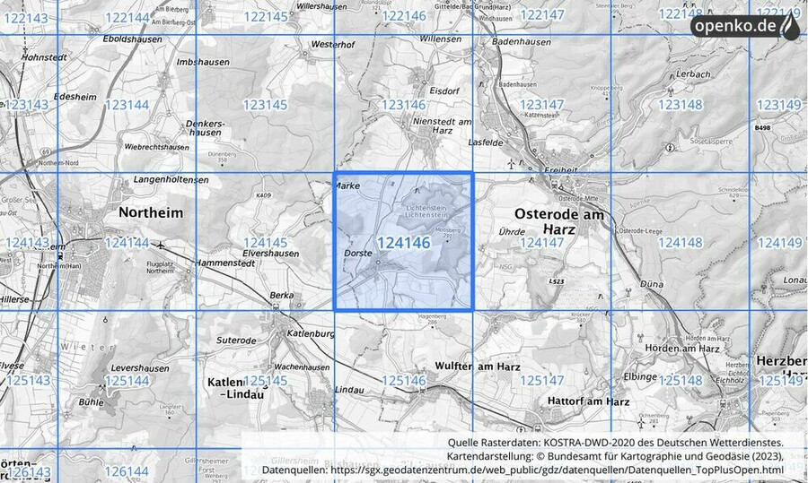 Übersichtskarte des KOSTRA-DWD-2020-Rasterfeldes Nr. 124146