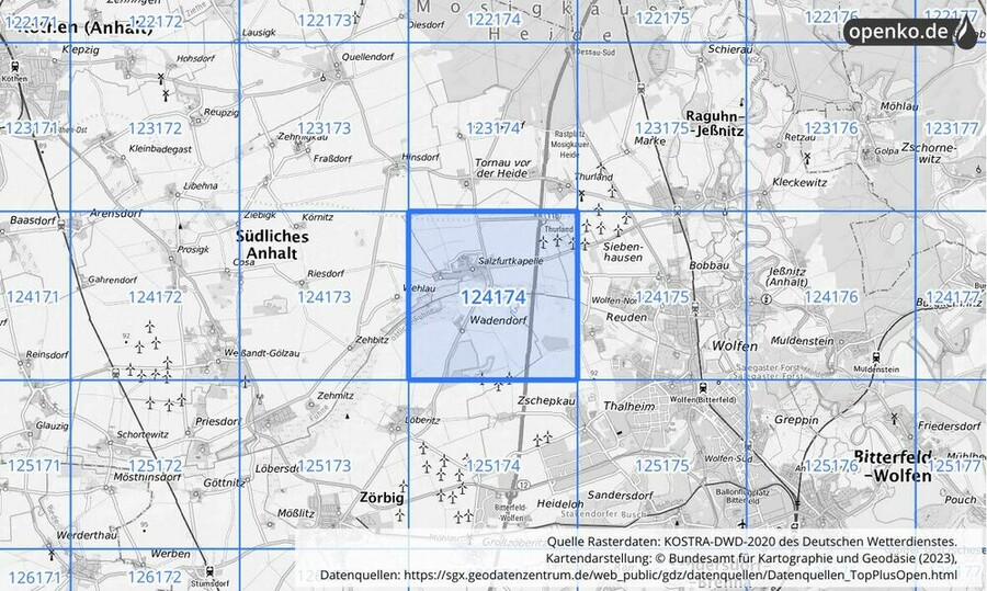 Übersichtskarte des KOSTRA-DWD-2020-Rasterfeldes Nr. 124174
