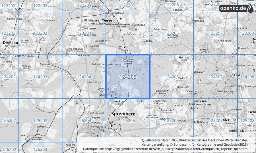 Übersichtskarte des KOSTRA-DWD-2020-Rasterfeldes Nr. 124205 Übersichtskarte des KOSTRA-DWD-2020-Rasterfeldes Nr. 124205