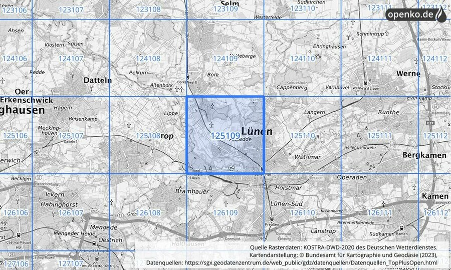 Übersichtskarte des KOSTRA-DWD-2020-Rasterfeldes Nr. 125109