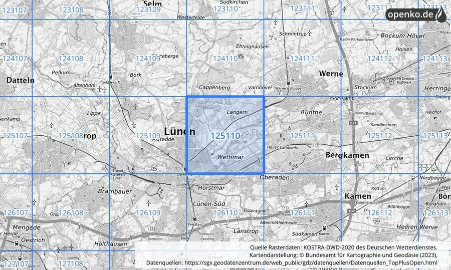 Übersichtskarte des KOSTRA-DWD-2020-Rasterfeldes Nr. 125110