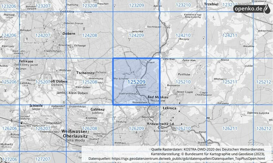 Übersichtskarte des KOSTRA-DWD-2020-Rasterfeldes Nr. 125209 Übersichtskarte des KOSTRA-DWD-2020-Rasterfeldes Nr. 125209