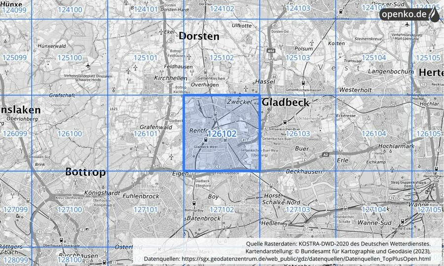 Übersichtskarte des KOSTRA-DWD-2020-Rasterfeldes Nr. 126102
