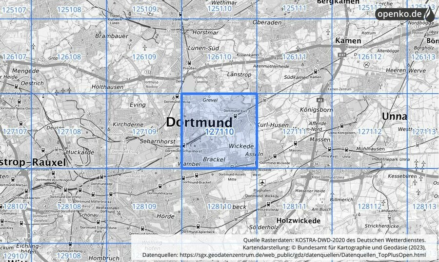 Übersichtskarte des KOSTRA-DWD-2020-Rasterfeldes Nr. 127110