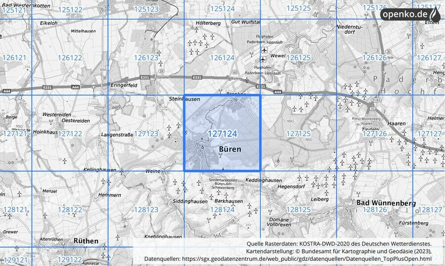 Übersichtskarte des KOSTRA-DWD-2020-Rasterfeldes Nr. 127124