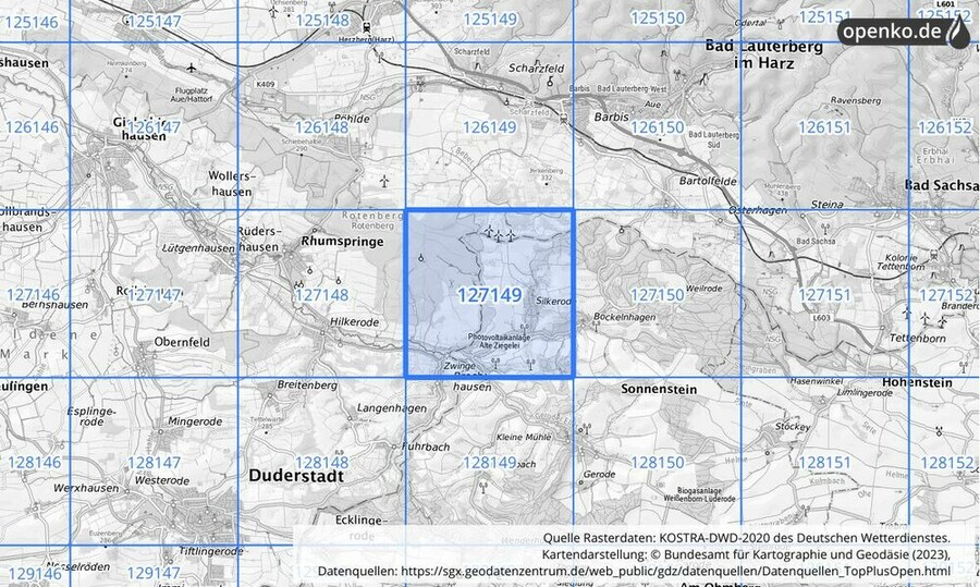 Übersichtskarte des KOSTRA-DWD-2020-Rasterfeldes Nr. 127149