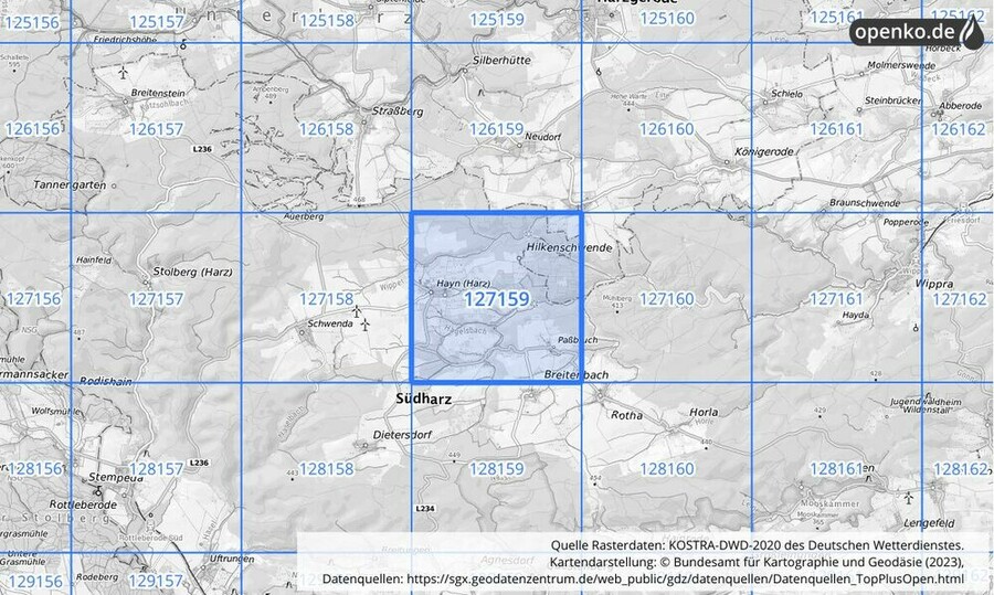 Übersichtskarte des KOSTRA-DWD-2020-Rasterfeldes Nr. 127159