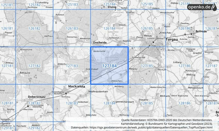 Übersichtskarte des KOSTRA-DWD-2020-Rasterfeldes Nr. 127184