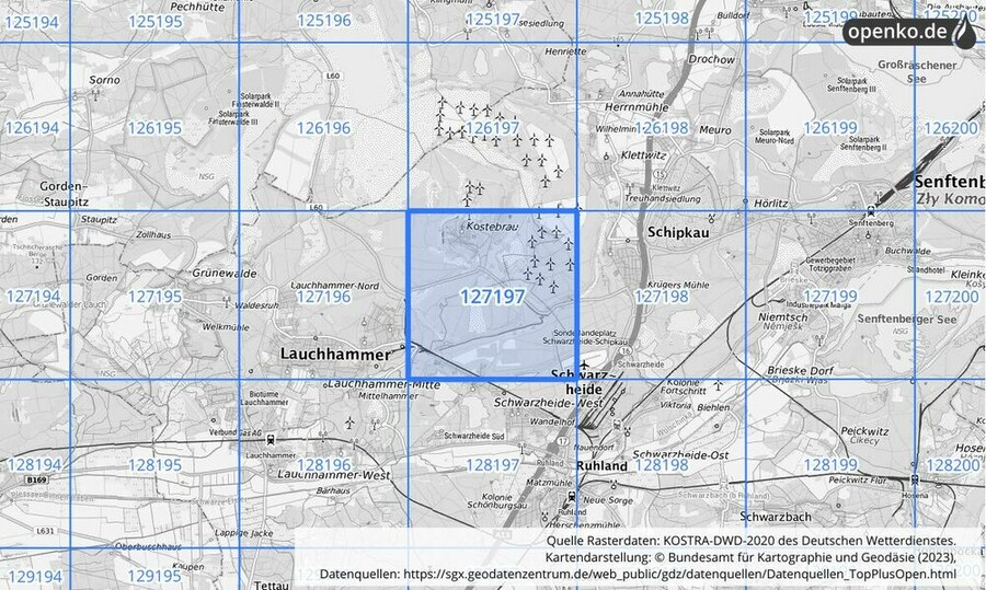 Übersichtskarte des KOSTRA-DWD-2020-Rasterfeldes Nr. 127197
