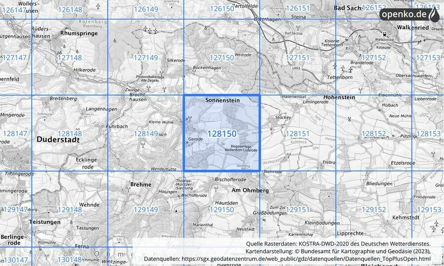 Übersichtskarte des KOSTRA-DWD-2020-Rasterfeldes Nr. 128150