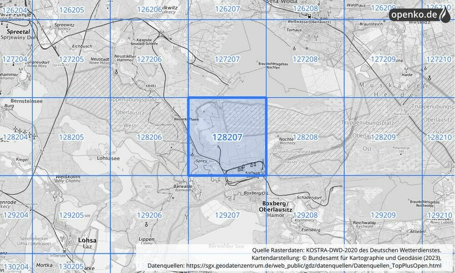 Übersichtskarte des KOSTRA-DWD-2020-Rasterfeldes Nr. 128207