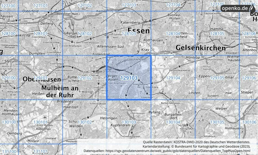 Übersichtskarte des KOSTRA-DWD-2020-Rasterfeldes Nr. 129103