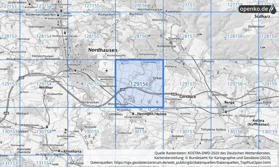 Übersichtskarte des KOSTRA-DWD-2020-Rasterfeldes Nr. 129156
