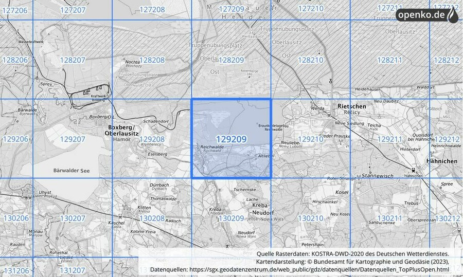 Übersichtskarte des KOSTRA-DWD-2020-Rasterfeldes Nr. 129209 Übersichtskarte des KOSTRA-DWD-2020-Rasterfeldes Nr. 129209