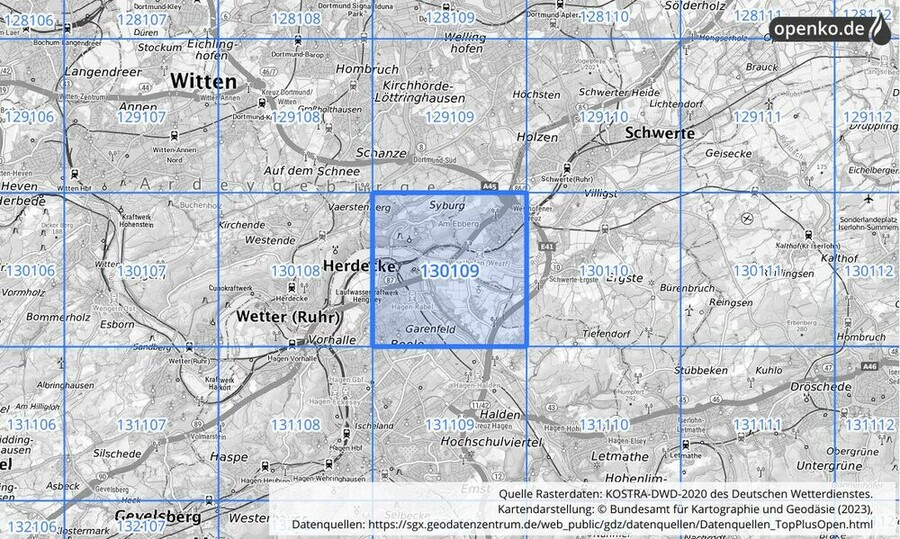 Übersichtskarte des KOSTRA-DWD-2020-Rasterfeldes Nr. 130109