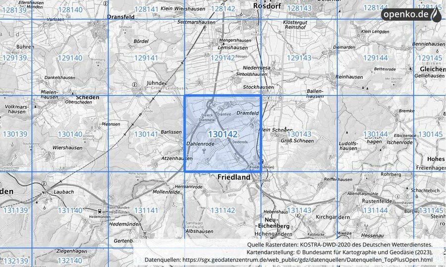 Übersichtskarte des KOSTRA-DWD-2020-Rasterfeldes Nr. 130142