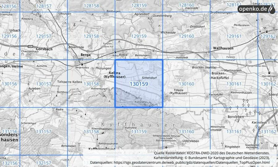 Übersichtskarte des KOSTRA-DWD-2020-Rasterfeldes Nr. 130159