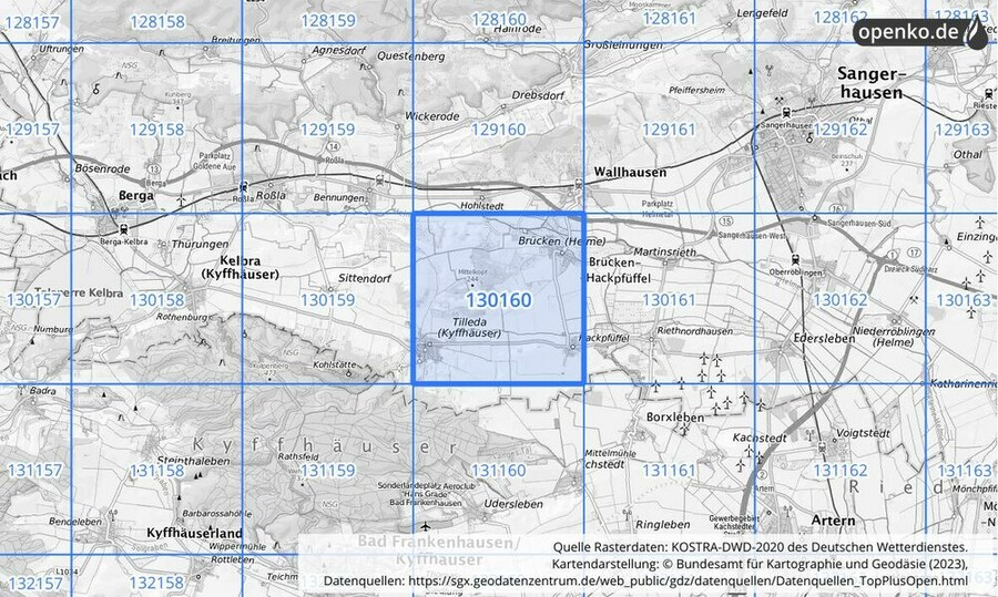 Übersichtskarte des KOSTRA-DWD-2020-Rasterfeldes Nr. 130160