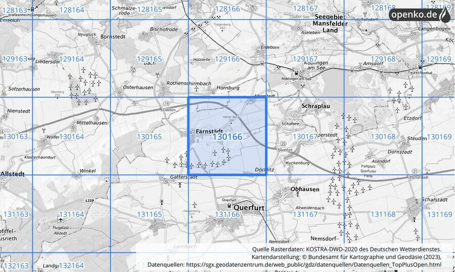 Übersichtskarte des KOSTRA-DWD-2020-Rasterfeldes Nr. 130166