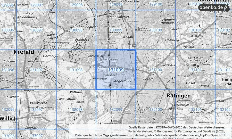 Übersichtskarte des KOSTRA-DWD-2020-Rasterfeldes Nr. 131099 Übersichtskarte des KOSTRA-DWD-2020-Rasterfeldes Nr. 131099