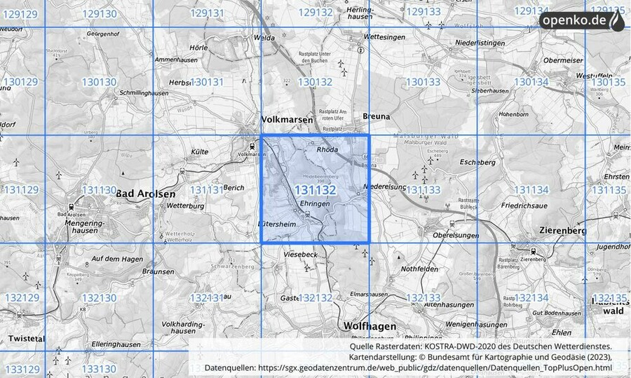 Übersichtskarte des KOSTRA-DWD-2020-Rasterfeldes Nr. 131132
