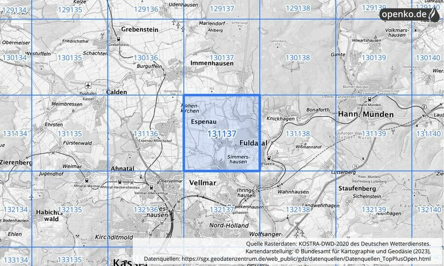 Übersichtskarte des KOSTRA-DWD-2020-Rasterfeldes Nr. 131137