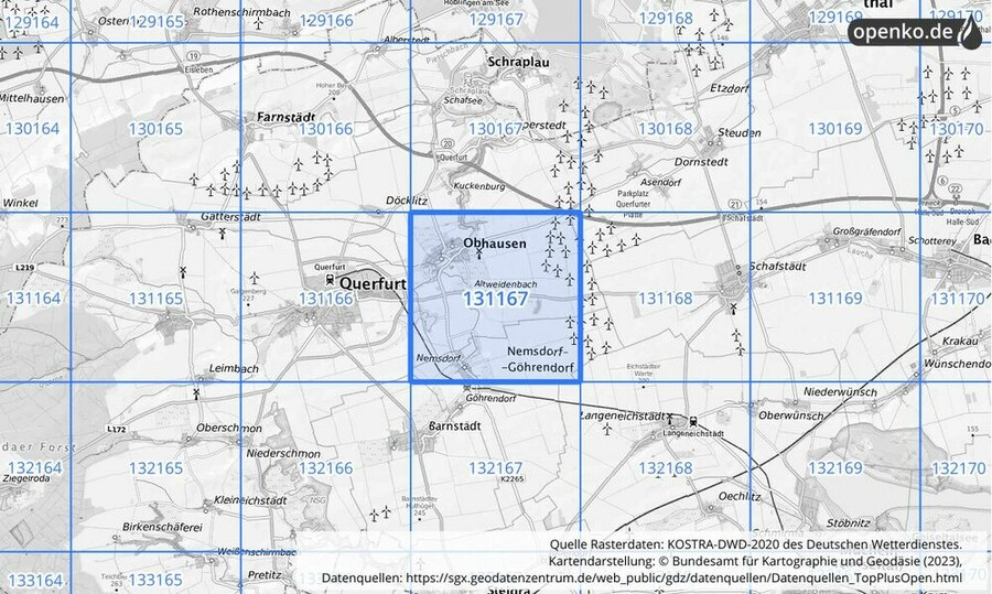 Übersichtskarte des KOSTRA-DWD-2020-Rasterfeldes Nr. 131167