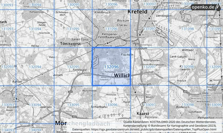 Übersichtskarte des KOSTRA-DWD-2020-Rasterfeldes Nr. 132096