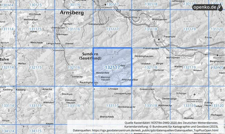 Übersichtskarte des KOSTRA-DWD-2020-Rasterfeldes Nr. 132117
