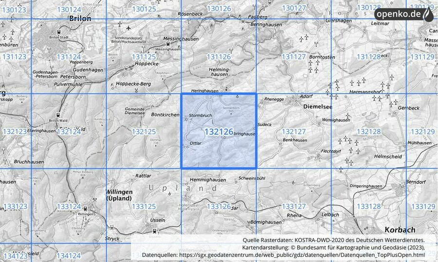 Übersichtskarte des KOSTRA-DWD-2020-Rasterfeldes Nr. 132126