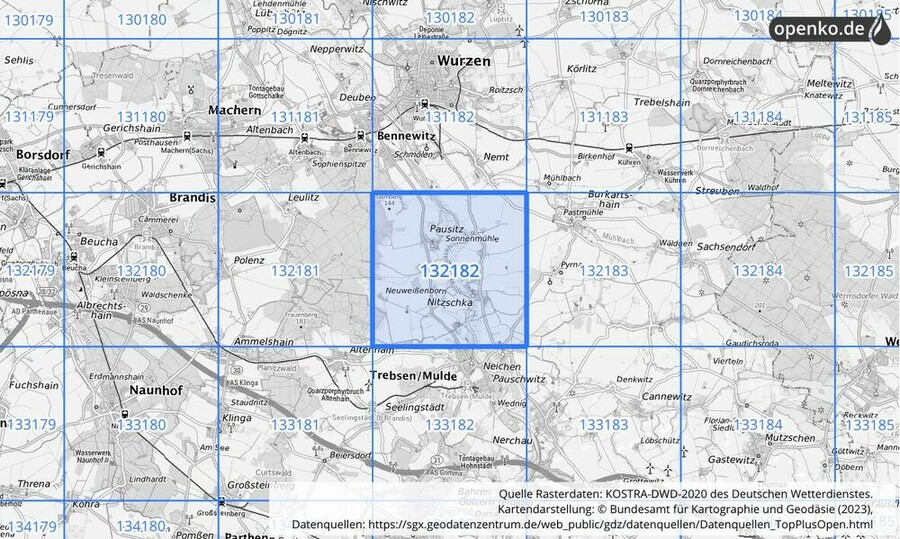 Übersichtskarte des KOSTRA-DWD-2020-Rasterfeldes Nr. 132182