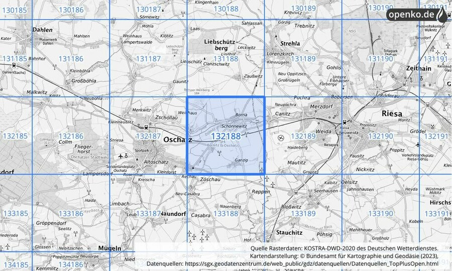 Übersichtskarte des KOSTRA-DWD-2020-Rasterfeldes Nr. 132188