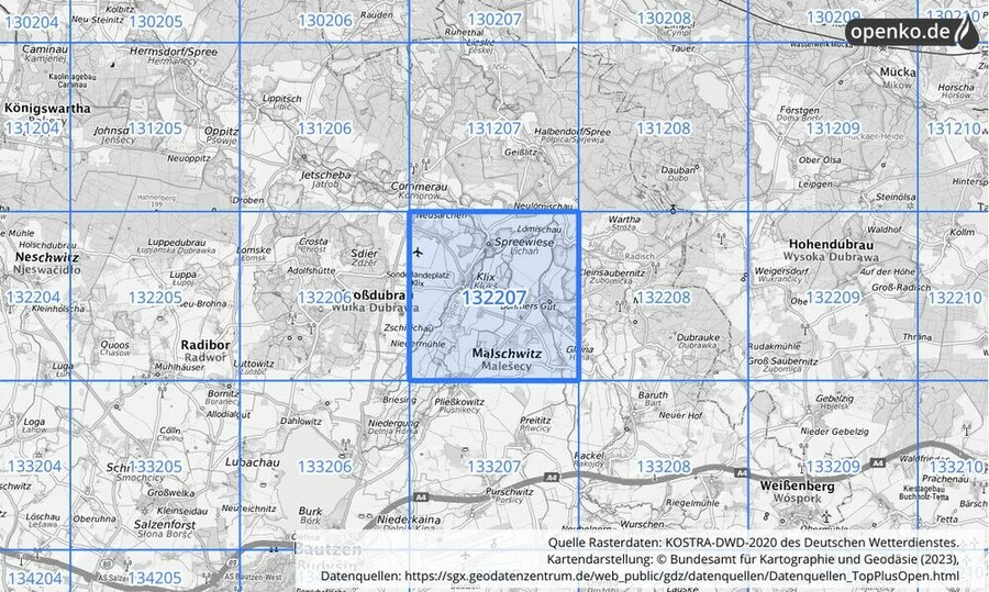 Übersichtskarte des KOSTRA-DWD-2020-Rasterfeldes Nr. 132207