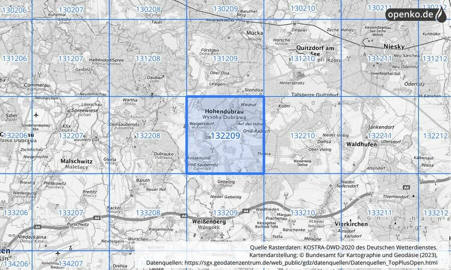 Übersichtskarte des KOSTRA-DWD-2020-Rasterfeldes Nr. 132209 Übersichtskarte des KOSTRA-DWD-2020-Rasterfeldes Nr. 132209