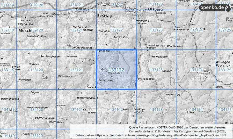 Übersichtskarte des KOSTRA-DWD-2020-Rasterfeldes Nr. 133122